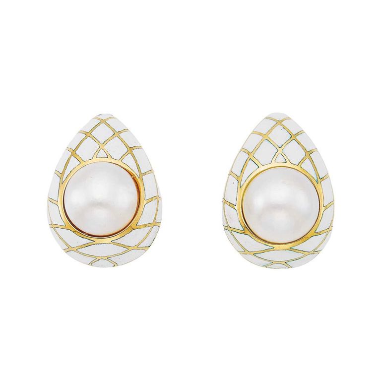 Pair of gold, white enamel and mabé pearl earclips