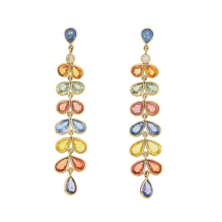 Pair of gold, multicolored sapphire, and diamond fringe pendant-earrings