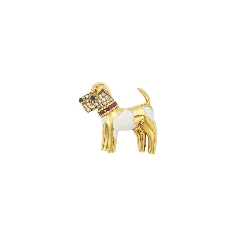 Gold, enamel, ruby and diamond terrier pin