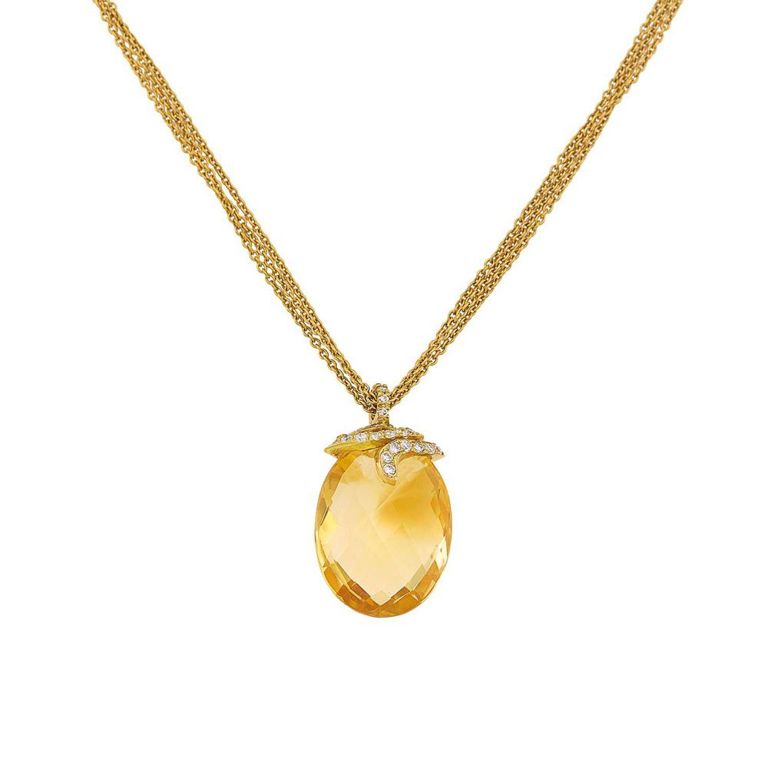 Gold, citrine and diamond pendant with multistrand chain necklace