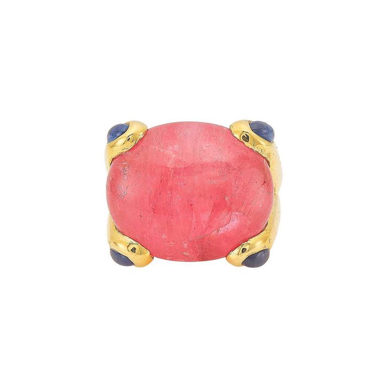 Gold, cabochon pink tourmaline and sapphire ring