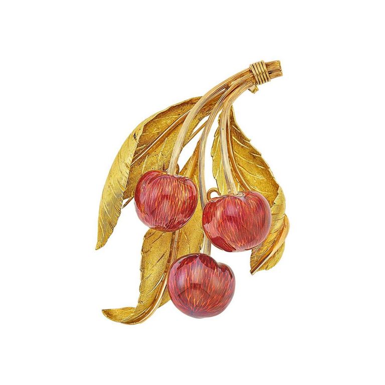 Two-color gold and enamel cherry brooch