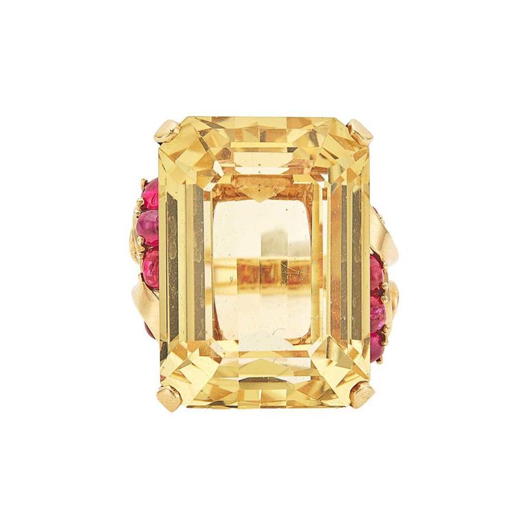 Retro gold, citrine and cabochon ruby ring