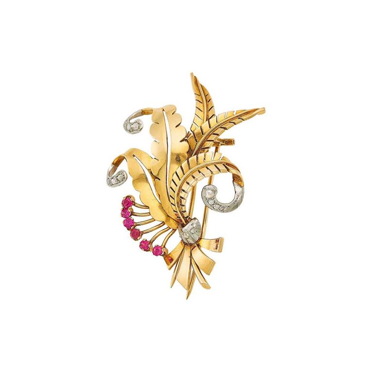 Gold, platinum, synthetic ruby and diamond leaf clip