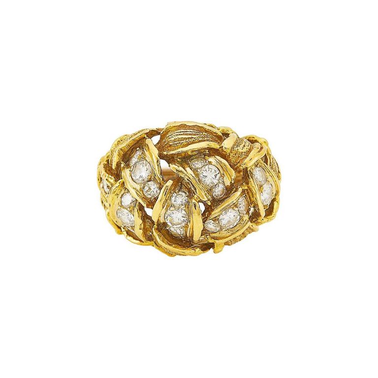 Gold and diamond bombé leaves ring