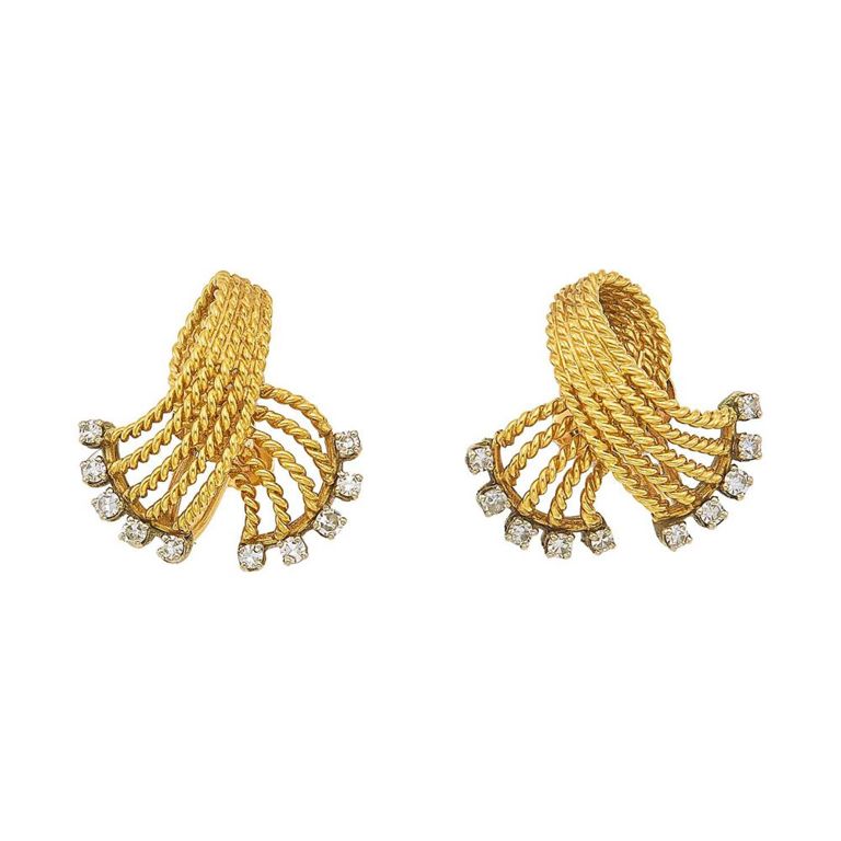Pair of gold and diamond spray earclips
