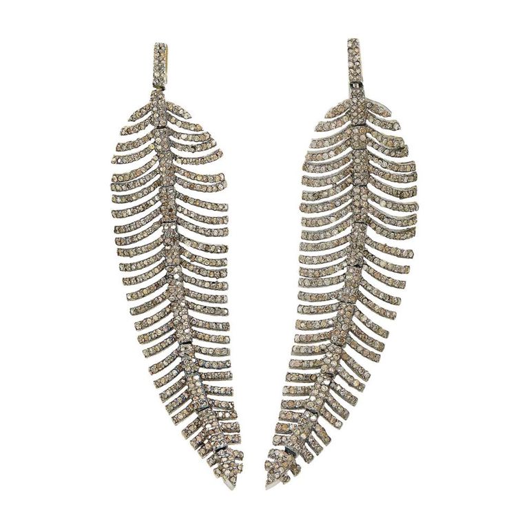 Pair of blackened silver and colored diamond feather pendant-earrings