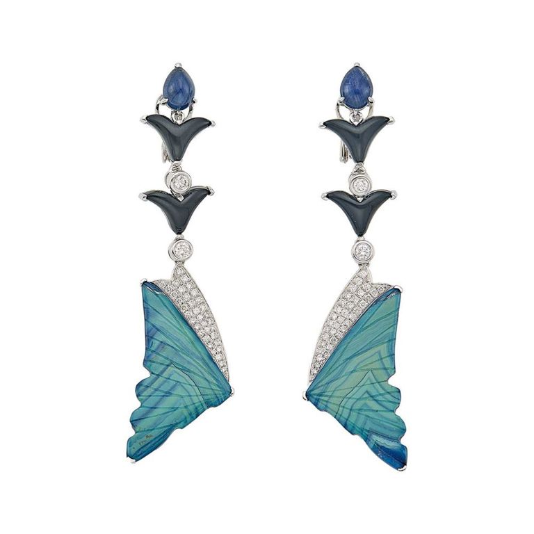 18k white gold agate, onyx, sapphire and diamond earrings