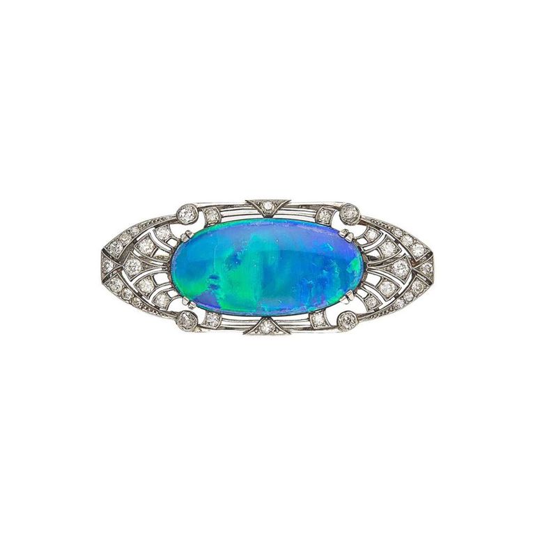 Platinum opal doublet and diamond brooch