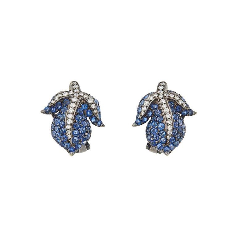 18k blackened gold sapphire and diamond leaf earclips