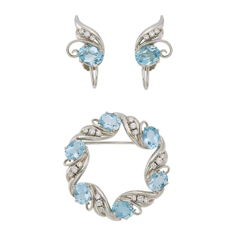 14k white gold aquamarine and diamond earclips and brooch