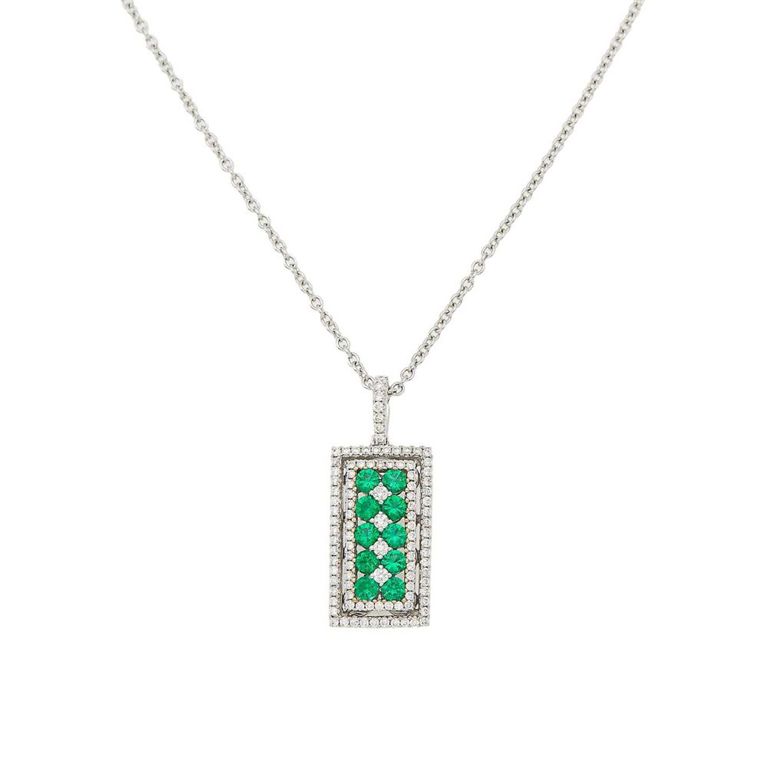 18k white gold emerald and diamond pendant with chain necklace