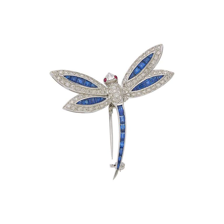 18k white gold sapphire and diamond dragonfly pendant-brooch
