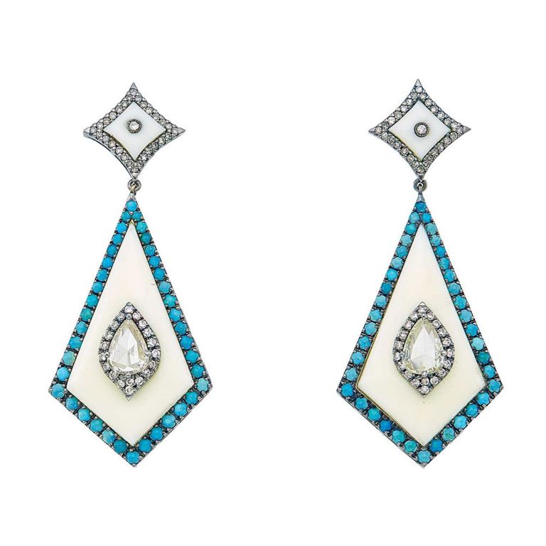 Blackened silver Bakelite diamond and turquoise earrings