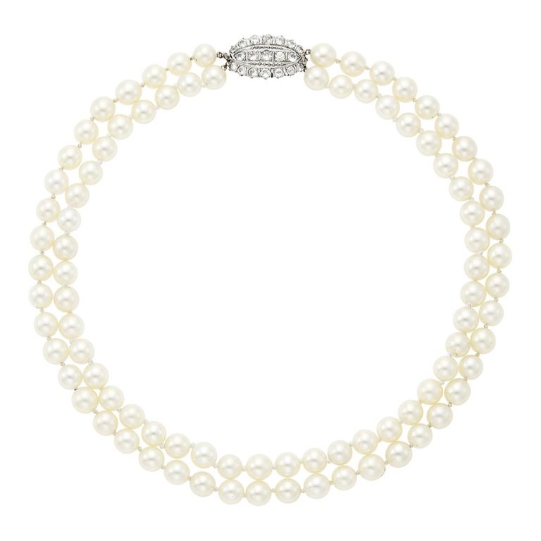 Double strand cultured pearl necklace with platinum and diamond clasp