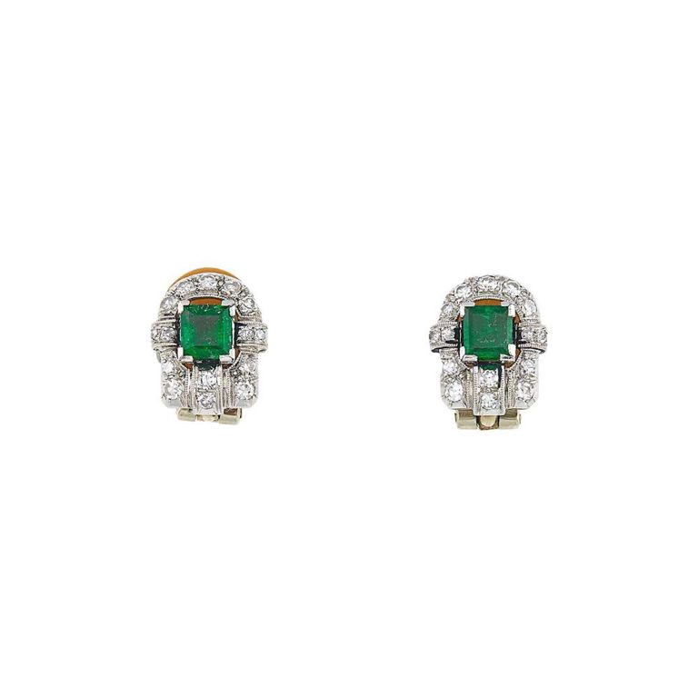 Platinum and white gold emerald and diamond earclips