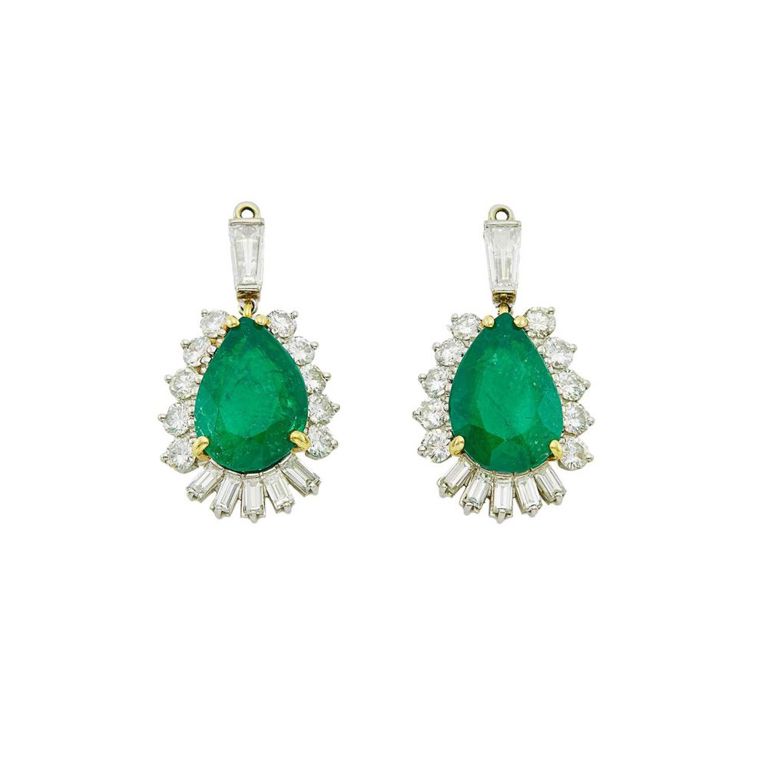 Platinum emerald and diamond ear pendants