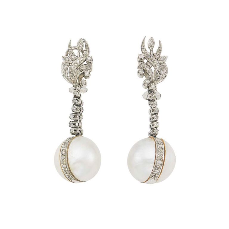 Silver mabé pearl and diamond pendant earrings