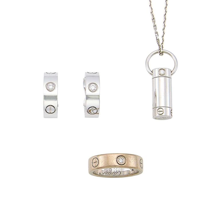 18k white gold diamond hoop earrings, ring and pendant necklace set
