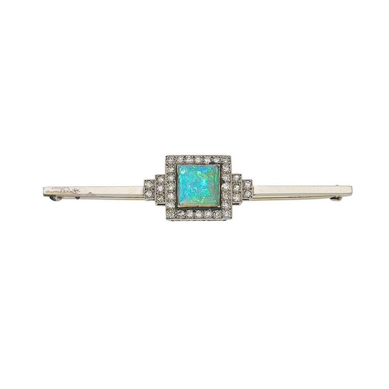 White gold and platinum opal and diamond bar pin