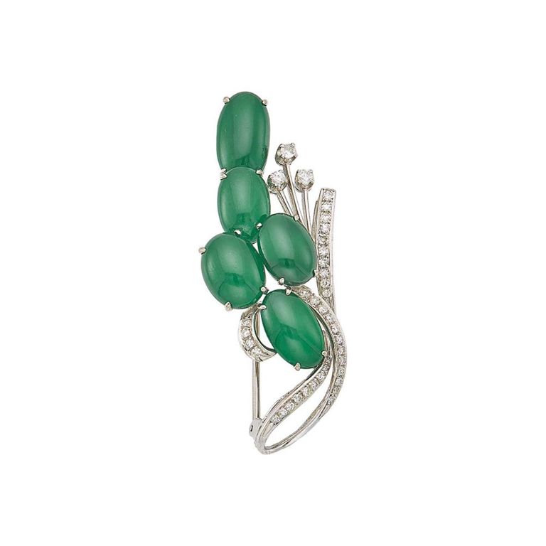 14k white gold jade and diamond brooch