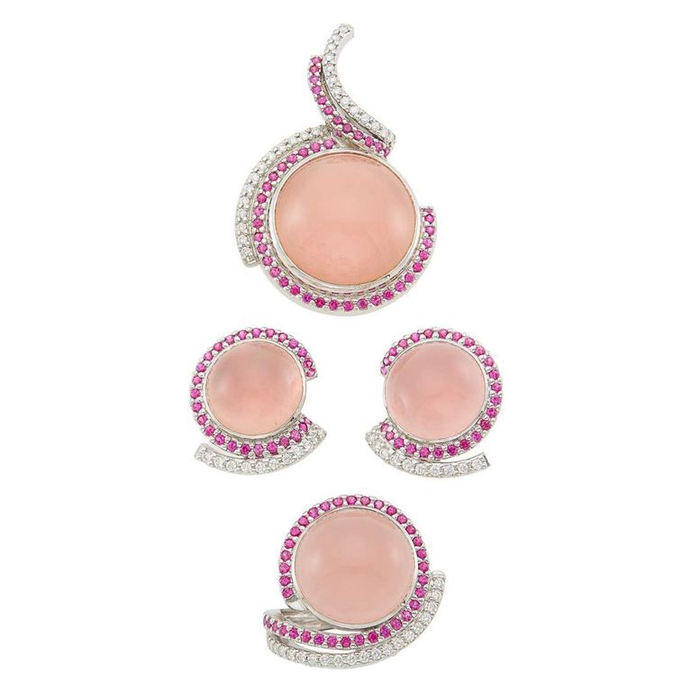 18k white gold rose quartz, ruby and diamond pendant, ring and earrings set