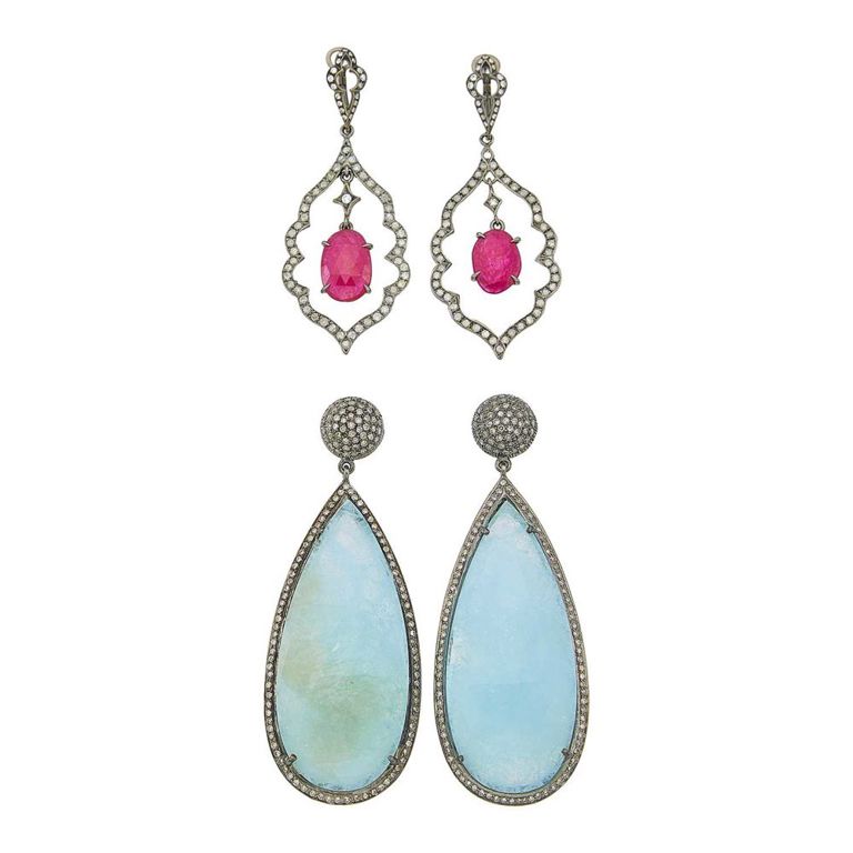 Two pairs of blackened white gold ruby and blackened silver aquamarine earrings