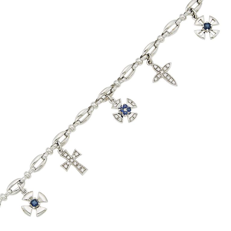 18k white gold sapphire and diamond cross charm bracelet