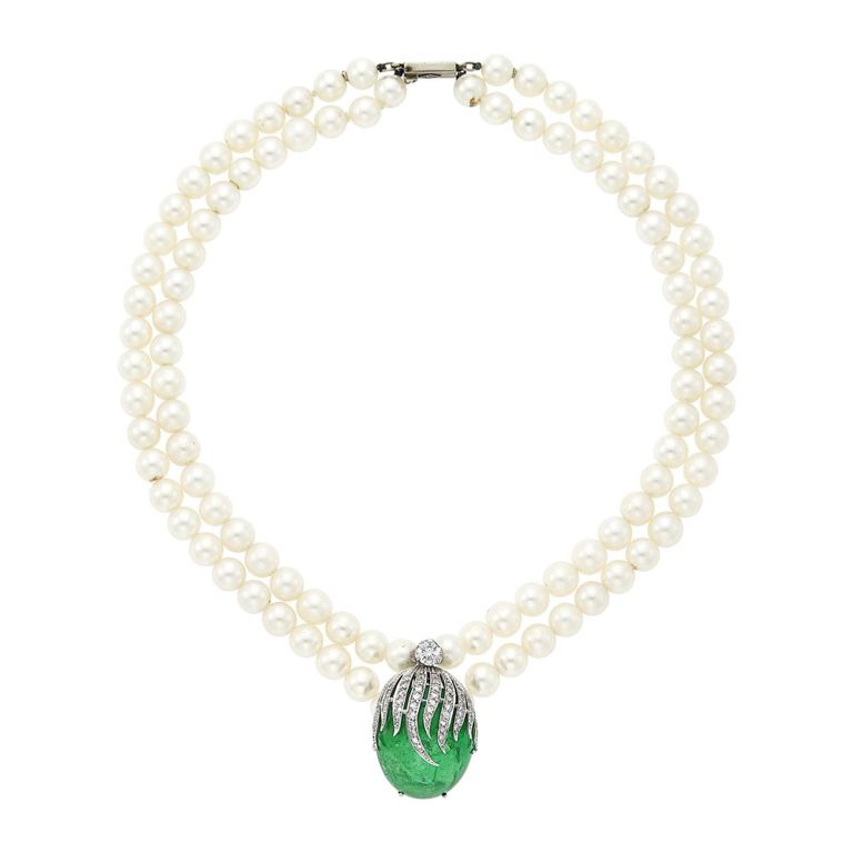 18k white gold pearl emerald and diamond necklace