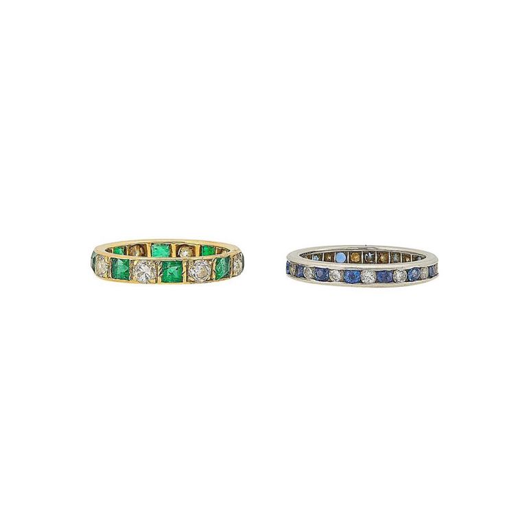 Platinum sapphire and diamond ring and gold emerald ring