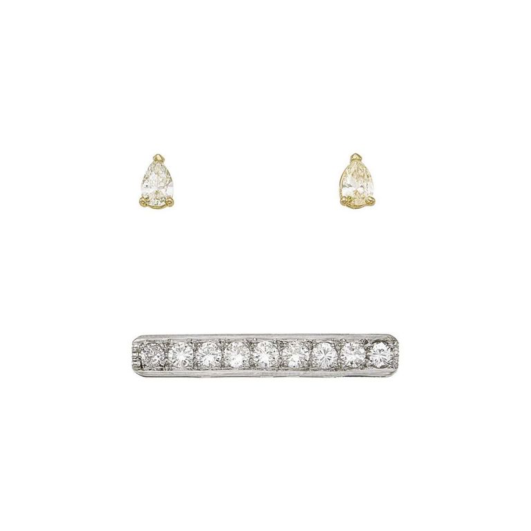 18k and 14k white gold diamond bar pin and stud earrings
