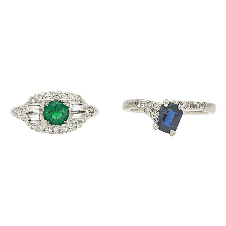 Platinum emerald and diamond ring, Wedderien sapphire and diamond ring