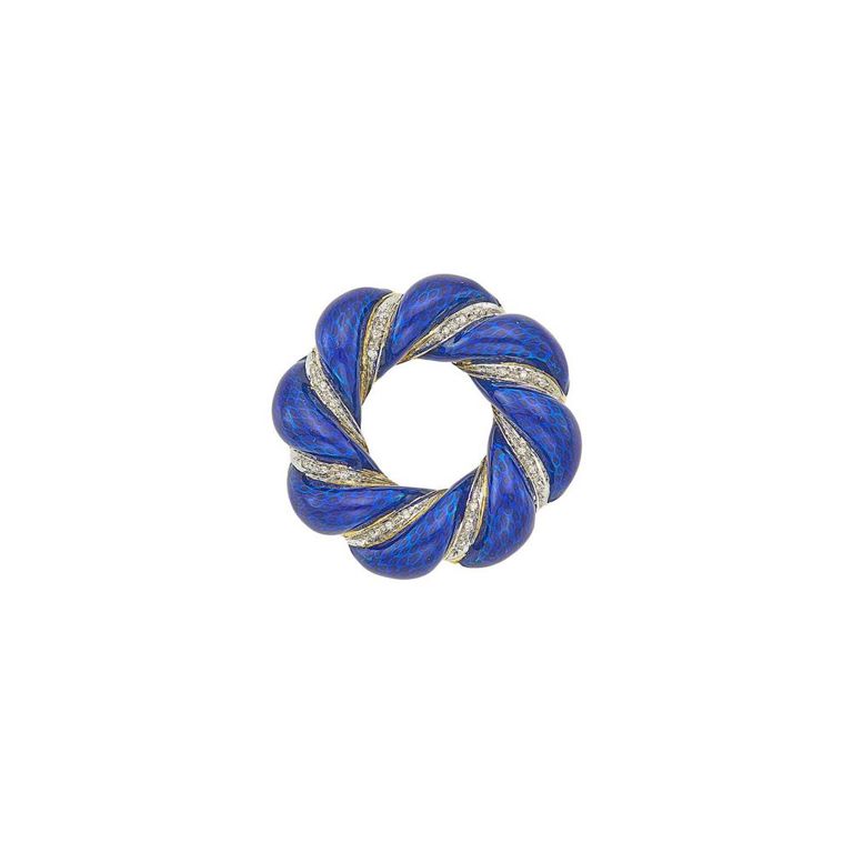 18k two-color gold blue enamel and diamond circle brooch