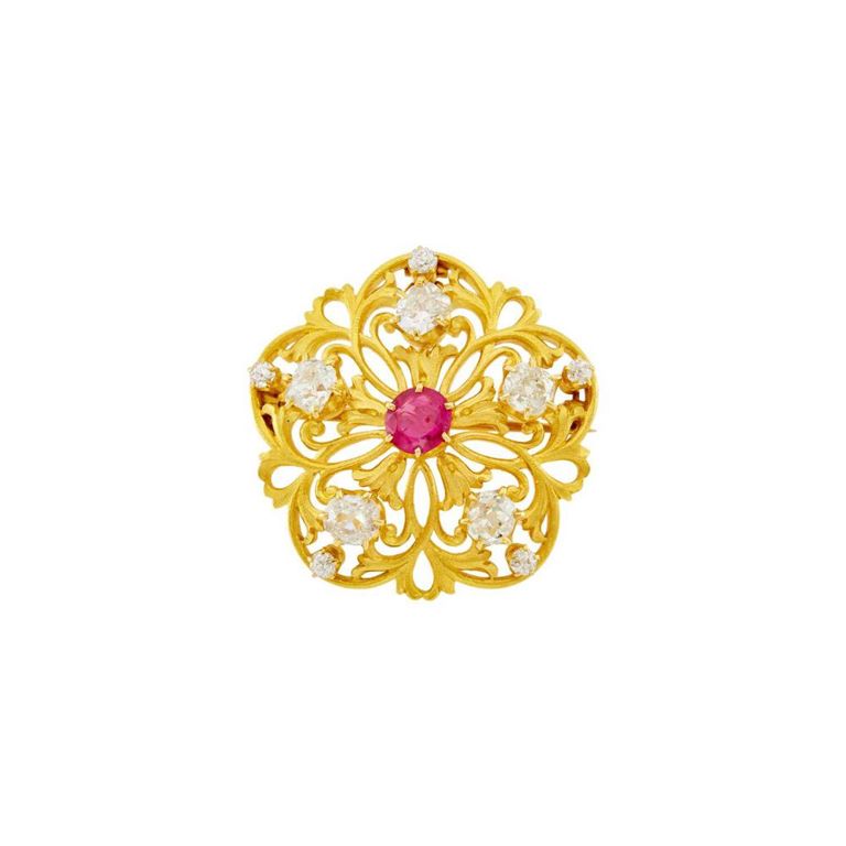 Tiffany & Co. antique gold ruby and diamond brooch