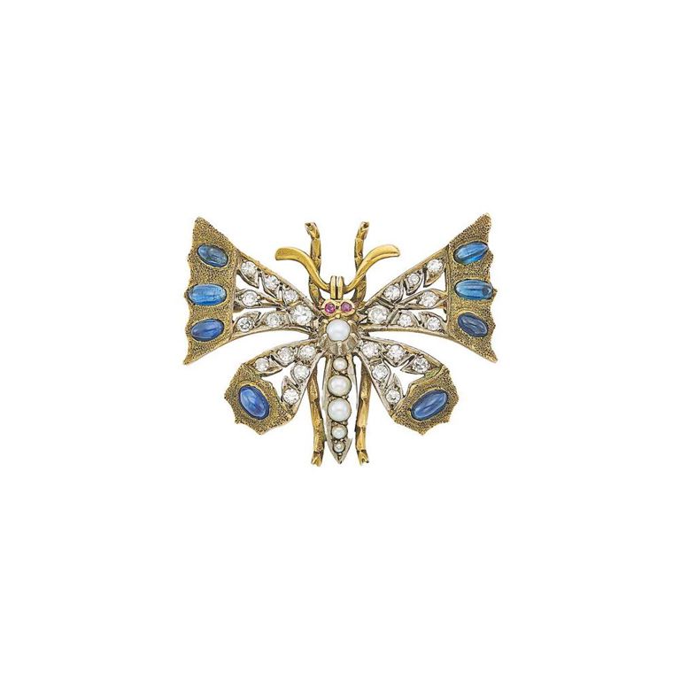 14k two-color gold sapphire, pearl and diamond butterfly brooch