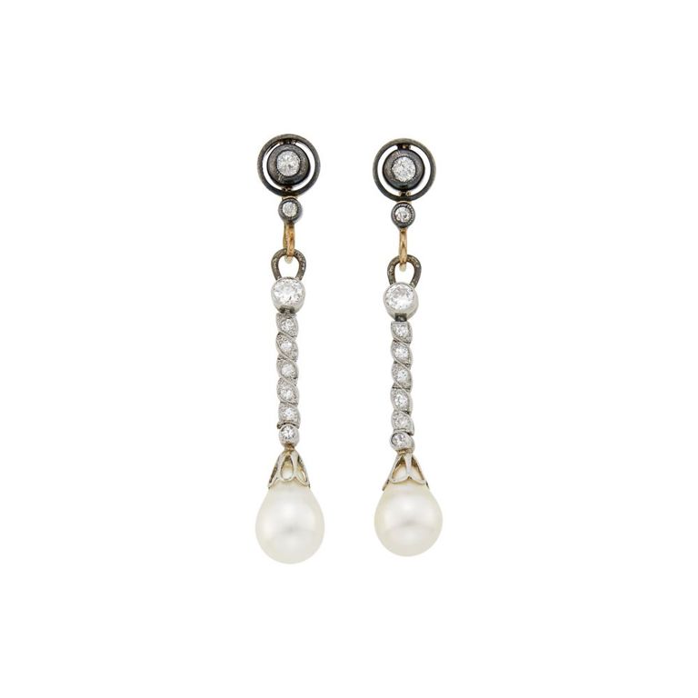 Platinum, gold, silver, cultured pearl and diamond pendant earrings