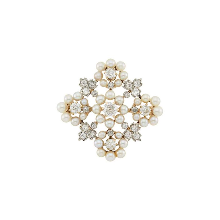14k antique gold pearl and diamond pendant-brooch