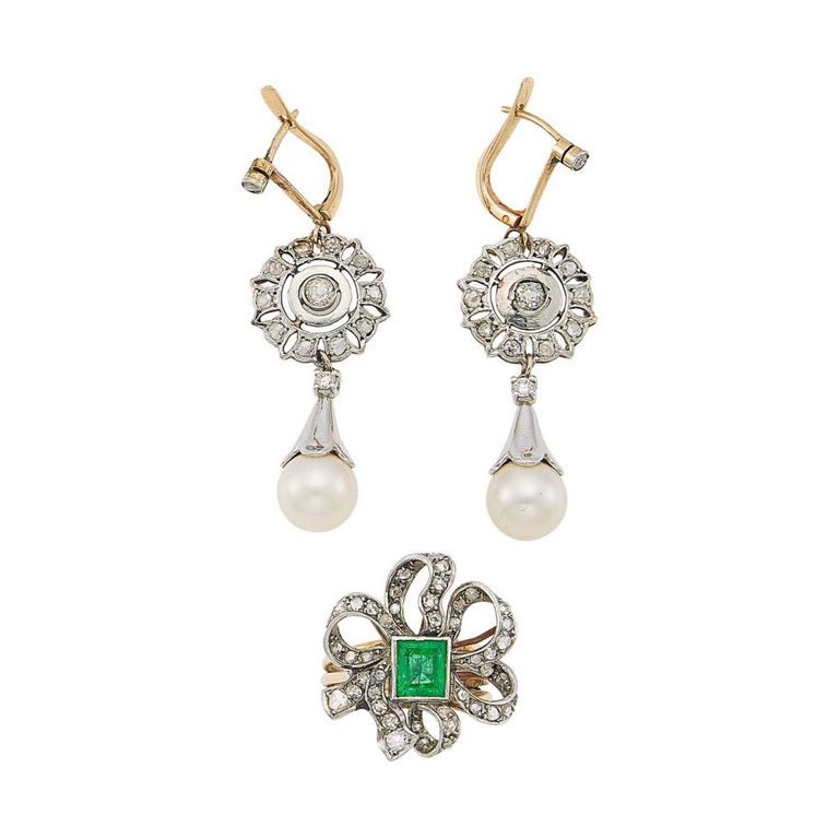 14k two-color gold diamond ring and cultured pearl pendant earrings