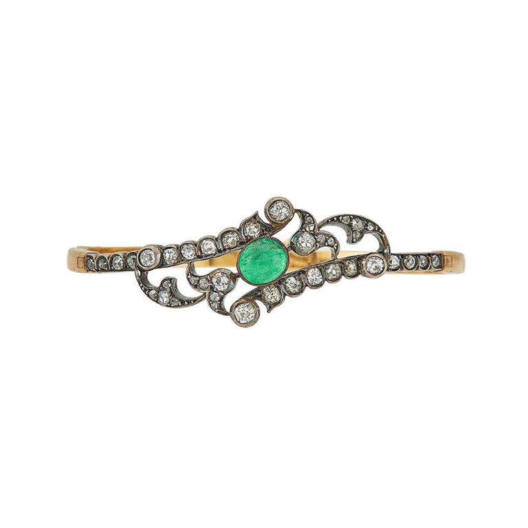 Antique 18k gold and silver bangle bracelet with emerald and diamond