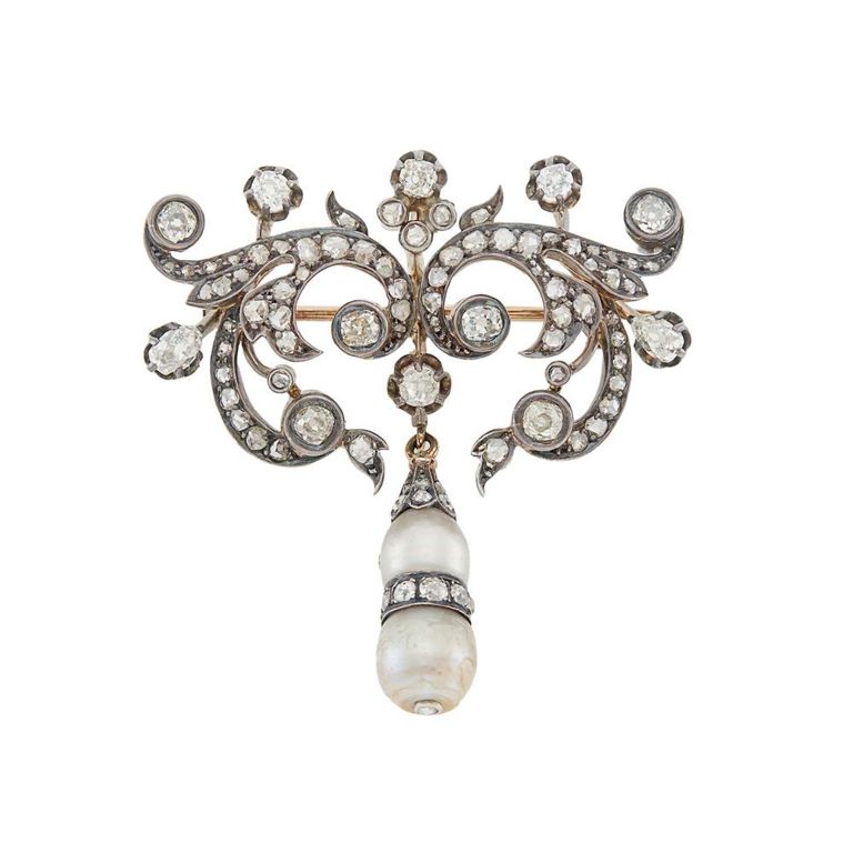 14k gold and silver pearl and diamond pendant-brooch