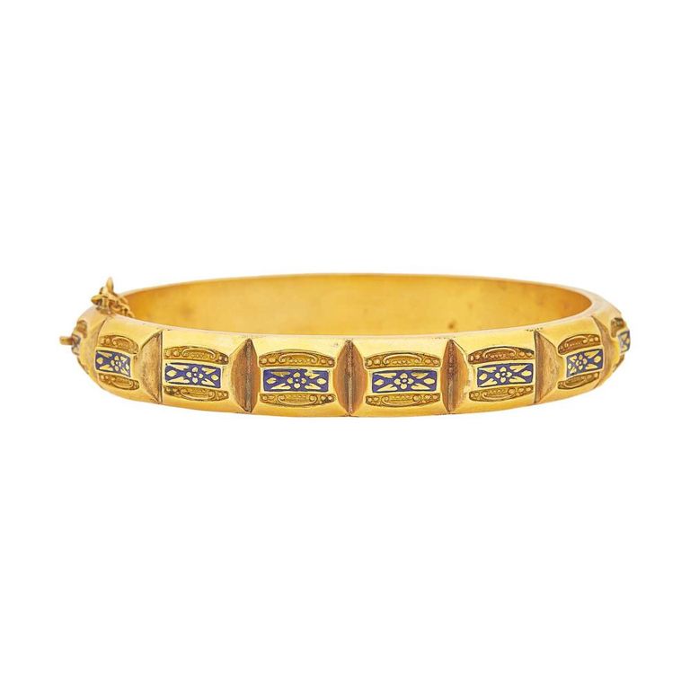 18k antique gold blue enamel bangle bracelet
