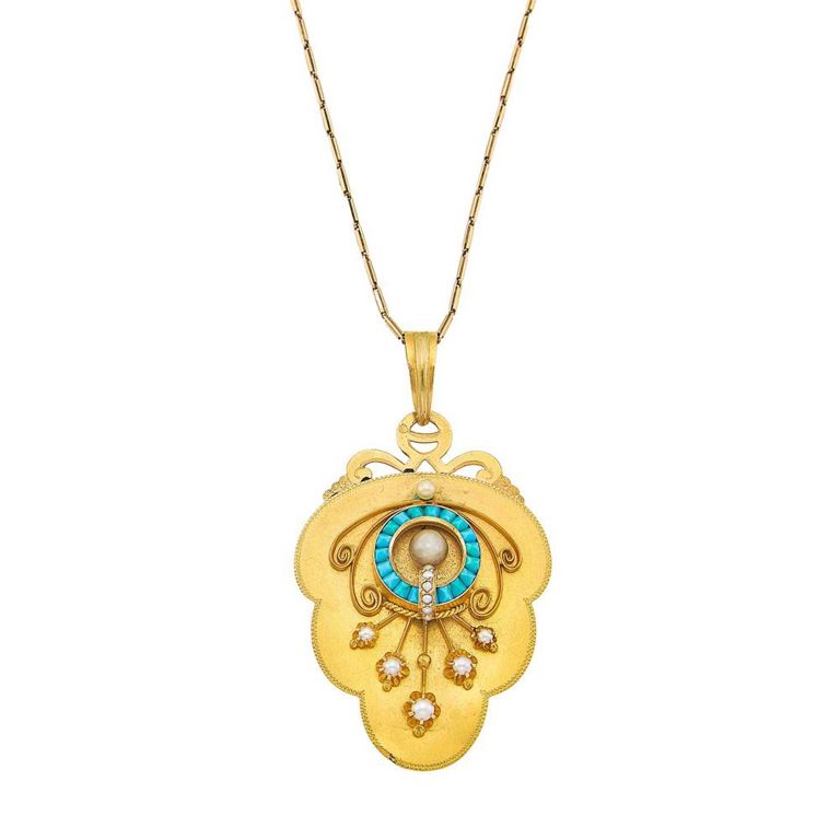 14k antique gold turquoise and pearl pendant-locket with chain necklace