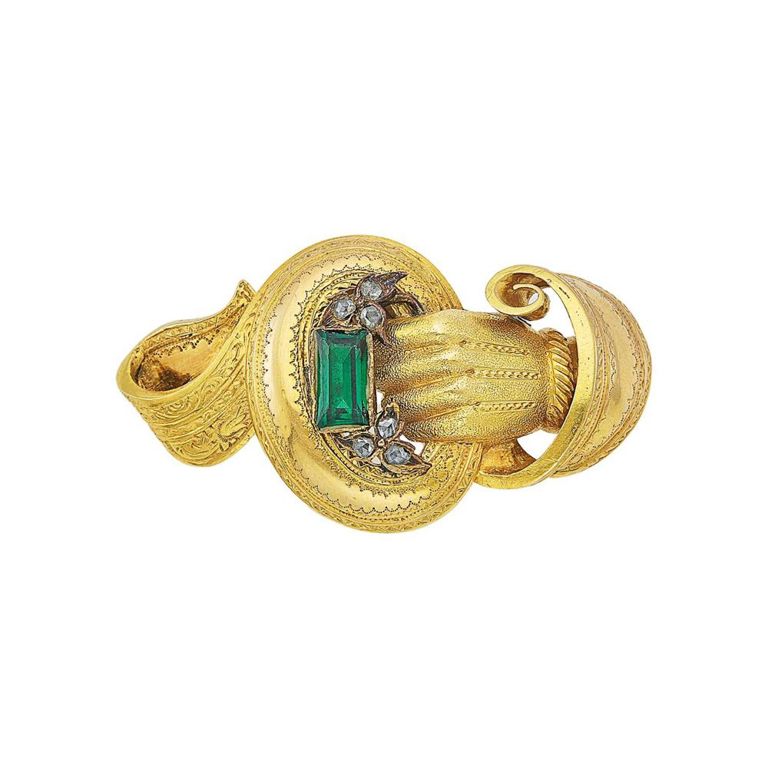 18k antique gold silver paste and diamond hand pendant-brooch