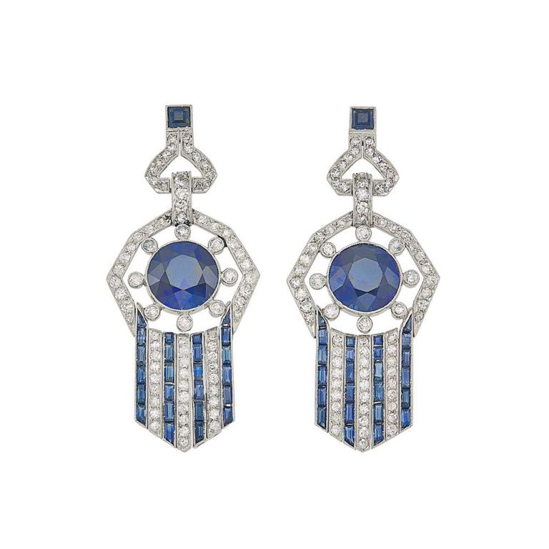 Platinum synthetic sapphire and diamond pendant earrings
