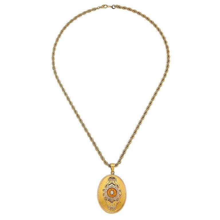14k two-color gold diamond locket pendant with rope chain
