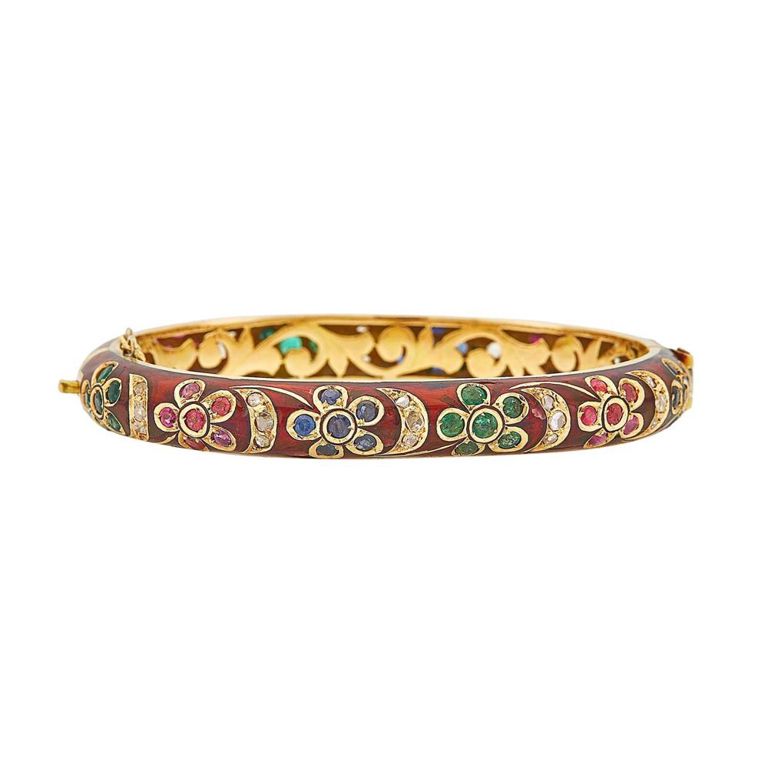 Gold red enamel diamond, ruby, sapphire and emerald bangle bracelet