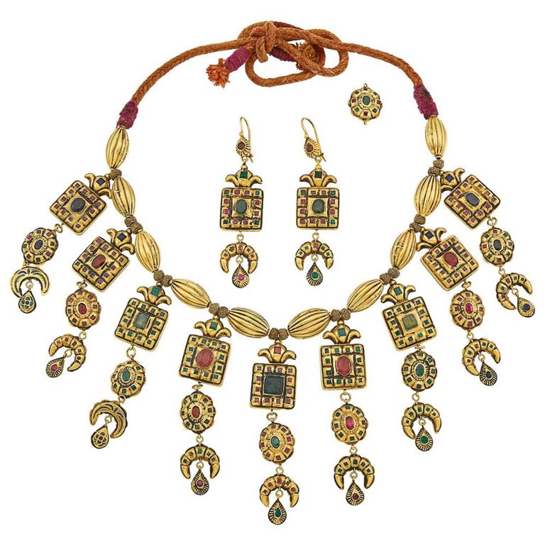 18k Moroccan gold gem-set fringe necklace with earrings and pendant