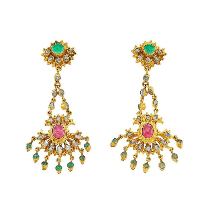 High karat gold ruby, emerald and diamond pendant earrings
