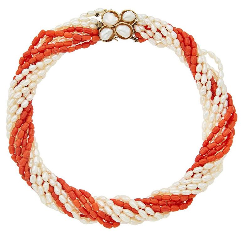 Ten-strand freshwater pearl and coral bead torsade necklace