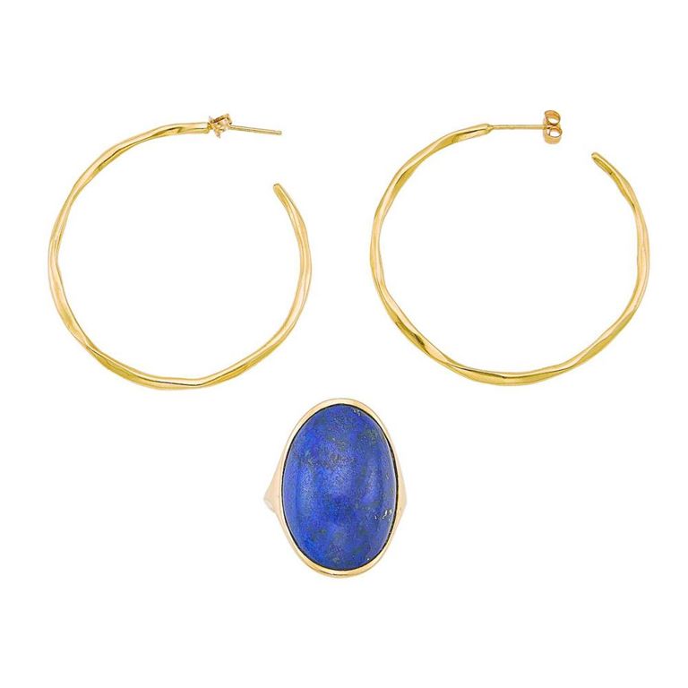 14k gold lapis ring and 18k gold hoop earrings